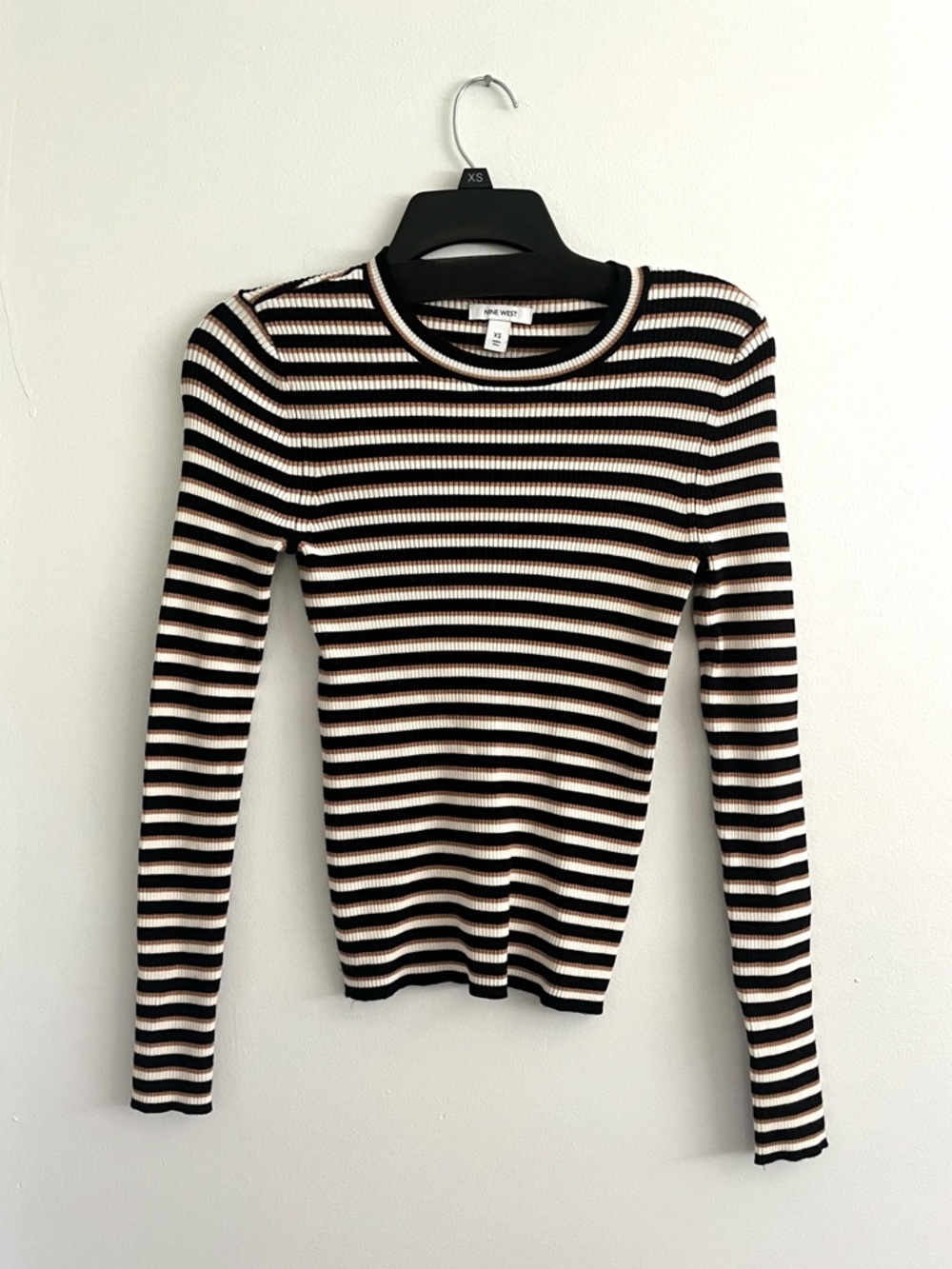 Nine West Black White Brown Striped Ribbed Long-Sleeve Top XS